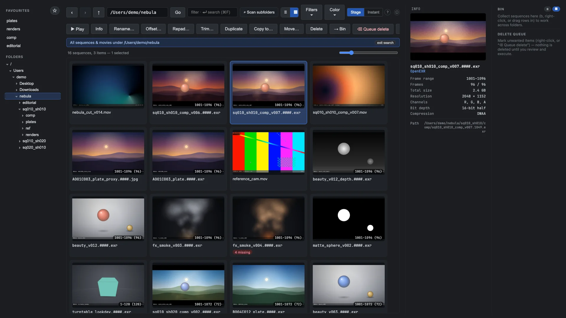 seq_manip in icon view: every sequence and movie in a sample show, with the inspector open on a comp