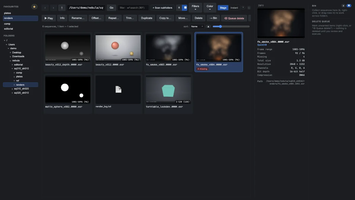 Icon view of a render folder with the inspector open on a smoke sequence that has four missing frames