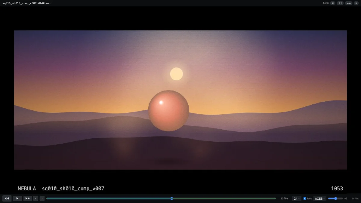 The player showing frame 1053 of a comp, fully buffered